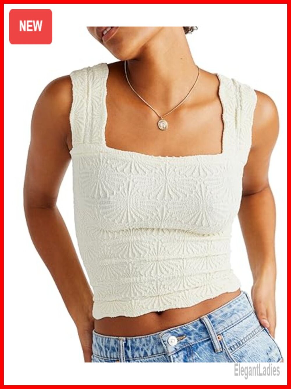Square Neck Floral Crop Tank Top Slim Fit Lettuce Trim Cami